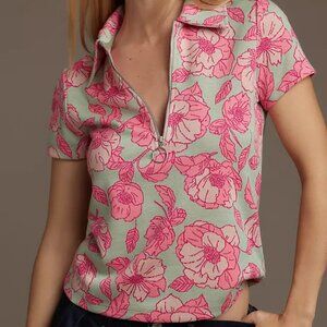 [Anthropologie] Maeve Short-Sleeve Floral Jacquard Zip Top XS